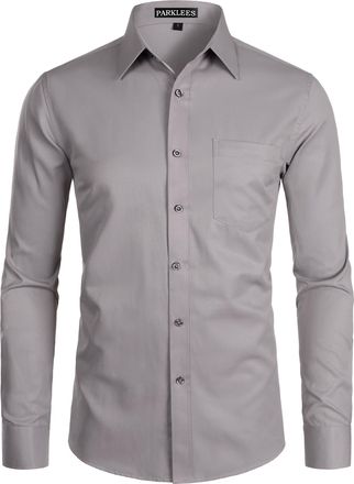 PARKLEES Mens Long Sleeve Dress Shirt Solid Slim Fit Casual Business Formal Button Up Shirts with Pocket Cement Grey 2XL