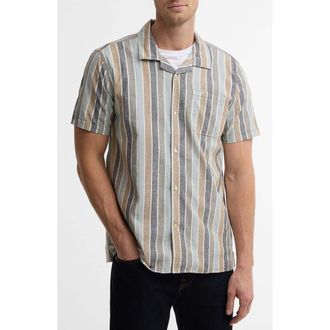 Barbour Hayton Stripe Slub Cotton & Linen Camp Shirt in Dusty Slate at Nordstrom, Size Xx-Large