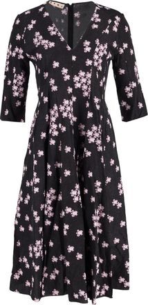 Marni Midi Floral Print V-Neck Dress in Black Jacquard