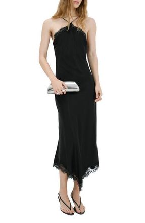 Mango Lace Sleeveless Satin Maxi Dress in Black at Nordstrom, Size 10
