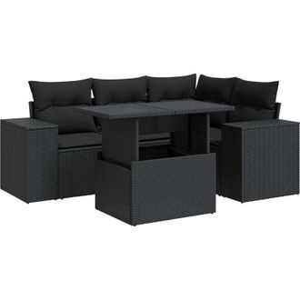 vidaXL Set De Muebles De Jard&iacute;n 5 Pzas Y Cojines Rat&aacute;n Sint&eacute;tico Negro
