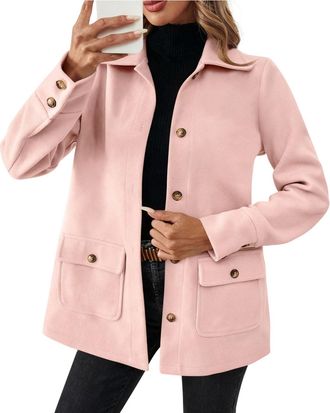 Generic Womens Casual Jackets Winter Warm Wool Coat Ladies Elegant Lapel Collar Button Down Thermal Thick Shacket Plain Classic Fit Trench Coats with Pockets
