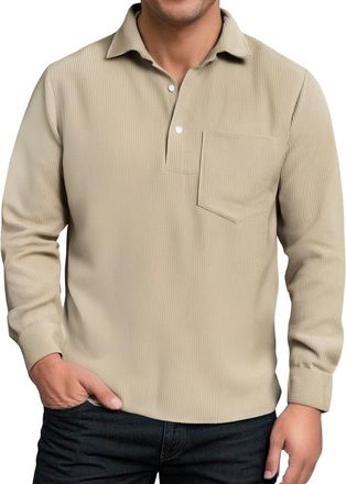 Generic Mens Corduroy Shirts Solid Color Fall Half Button Long Sleeves Shirt Casual Work Collared Shirt with Pocket Memory Boy (Khaki, L)