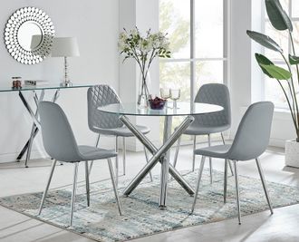Furniturebox Selina Round Glass Chrome Leg Dining Table & Corona Silver Leg Chairs in Grey | Size: 4 Person