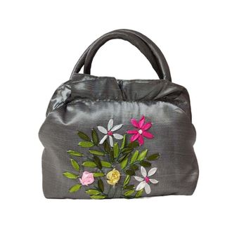 Generic Ethnic Style Tote Bag, Small Purse Wallet, Embroidery Flower Satin Silk Handbag, Zipper Flower Wrist Bag for Women Phone Cosmetic(grey)