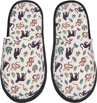 Generic Camping Slippers Cat Black And Snake Print Sleepers Portable Indoor Slipper Soft Fuzzy Slippers For Indoor Winter Autumn M