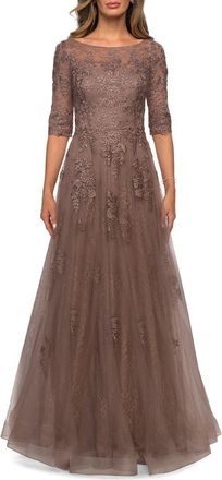 La Femme Lace and Tulle A-line Gown with Three Quarter Sleeves in Cocoa at Nordstrom, Size 16