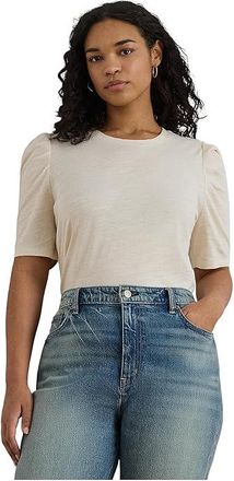 Lauren Ralph Lauren Plus Size Slub Jersey Puff-Sleeve Top Womens Clothing Mascarpone Cream : 1X, Cotton