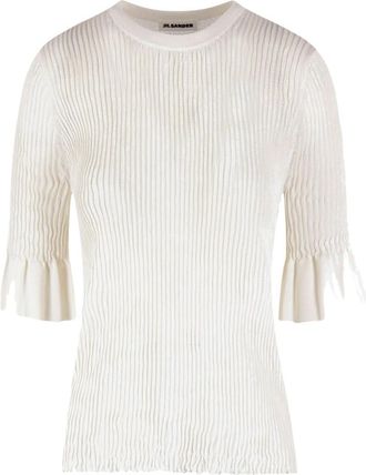 Jil Sander T-shirt van viscosemix met ribbelstructuur en korte ruchesmouwen - Dames - T-shirts - Wit - S - Tops