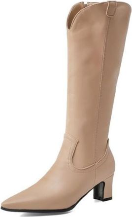 Generic Womens Retro Pointed Toe Knee-High Faux Leather Boots Mid Chunky Heels Comfortable Slip-Resistant Durable Western Cowboy Boots Evening Party Office Sh