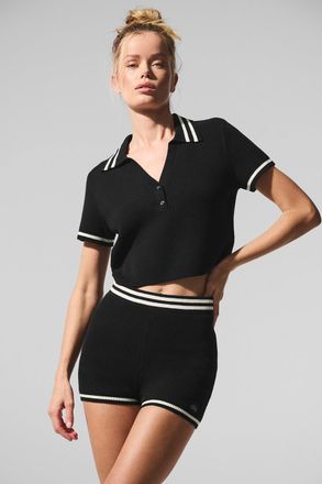 Alo | Tennis Club Sweater Knit Cropped Polo Top in Black/Ivory, Size: Medium