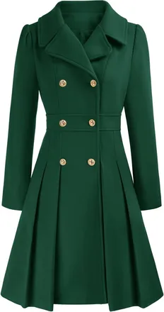 Generic Womens Pea Coat Double Breasted a Line Winter Fashion Notch Lapel Slim Flared Pleated Wool Blend Trench Coats with Pockets (Dark Green,L)