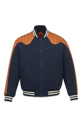 MCM Ponte Varsity Jacket in Monogram Neoprene Jacquard in Blue at Nordstrom, Size Medium