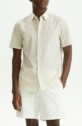 Theory Irving Gingham Short Sleeve Stretch Cotton Button-Up Shirt in Sand Multi at Nordstrom, Size Medium