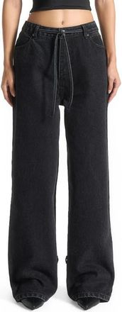 Mani&egrave;re De Voir Faye Wide Mid Rise Jeans with Tie Waist in Washed Black at Nordstrom, Size 10