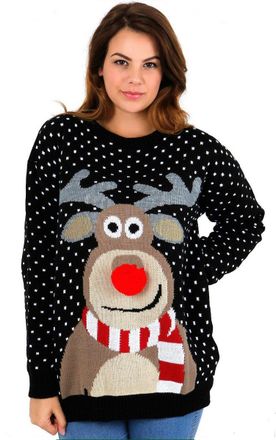 Crazy Girls Womens Ladies Reindeer Pom Pom Merry Christmas Snowflakes Jumper Knitted Xmas Sweater Top UK 8-22 (8-10, Black)