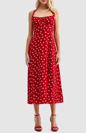 All in Favor Dot Halter Midi Dress in Red Pink Dot at Nordstrom, Size X-Large