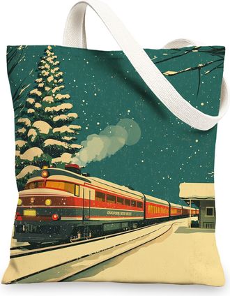 Generic Winter Christmas Steam Train Canvas Tote Bag for Shopping 13x15, Machinery Xmas Snow Reusable Grocery Print Pattern Bag for Women, Holiday Beach Aesth