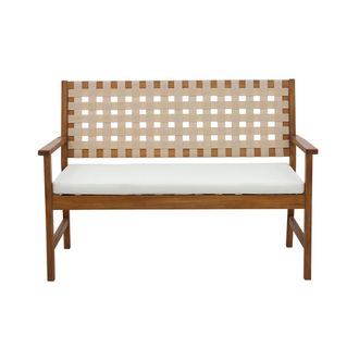 Miliboo Banco De Jard&iacute;n De Madera Maciza De 2 Plazas Con Coj&iacute;n Blanco Y Correas L114 Cm Santana