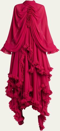 Alexander McQueen Draped Open-Back Ruffle Cape Gown