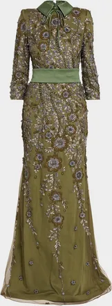Badgley Mischka Belted Floral-Embroidered Gown