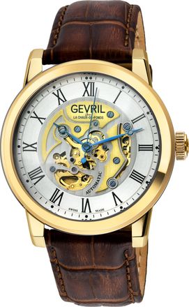 Gevril Group Mens Vanderbilt 316L Stainless Steel IPYG Case, Silver/Black Dial, Genuine Brown Handmade Italian Strap Leather - One Size