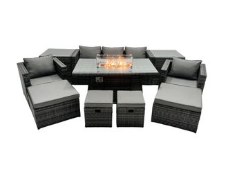 Fimous Rattan Garden Furniture Firepit Dining Set 9 Seater Lounge Sofa Table Set with 2 side table 4 Footstool in Dark Grey