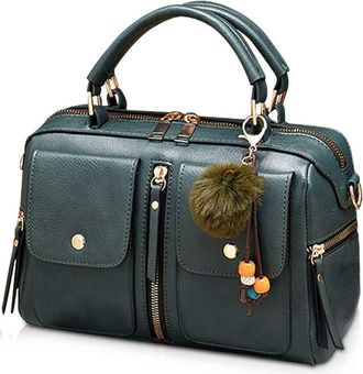 Nicole & Doris NICOLE&DORIS Women Handbags Pompon Bag Fashion Style Zipper Shoulder Bag Ladies Tote Crossbody Bag PU Leather Small Square Bag Green