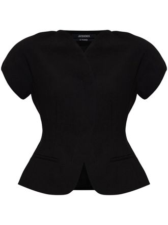Jacquemus Short-Sleeved Black Blazer with Sculptural Detailing
