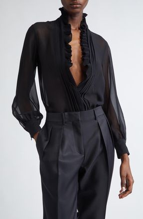 Tom Ford Ruffle Silk Georgette Tuxedo Shirt in Black at Nordstrom, Size 12 Us