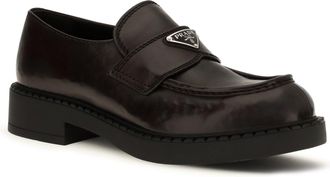 Prada Mens Brushed Leather Loafers With Triangle Logo Teak
