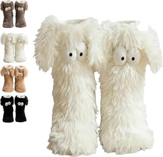 Generic Muffle Friends Cozy Socks, Womens Winter Fuzzy Non-Slip Slipper Socks with Cute Big Eyes, Ultra Soft Warm Home Socks (White)