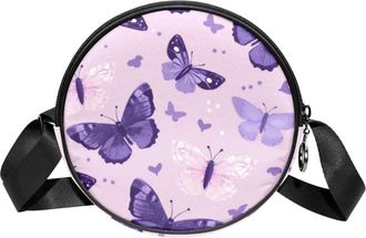 Generic Circle Crossbody Bag for Women, Watercolor Butterfly Small Sling Bag Daypack with Zipper Adjustable Shoulder Straps Casual Ladies Girls Round Purse