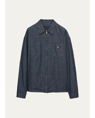 Prada Mens Washed Chambray Zip-Front Shirt