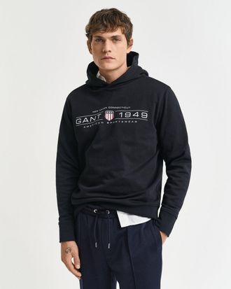 GANT Mens Pullover Graphic Hoodie - Black Cotton - Size X-Large