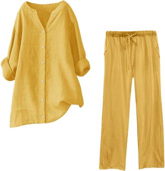 Generic HAOLEI Coord Outfit Women UK Sale,Tracksuit Womens Full Set Plain Summer Loose Long Sleeve Italian Lagenlook Button Shirt and Drawstring Trousers Ladi