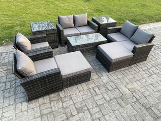 Fimous 8 Seater Outdoor Rattan Patio Furniture Set Garden Lounge Sofa Set with Armchairs 2 Side Tables 2 Big Footstool Coffee Table Dark Grey Mixed
