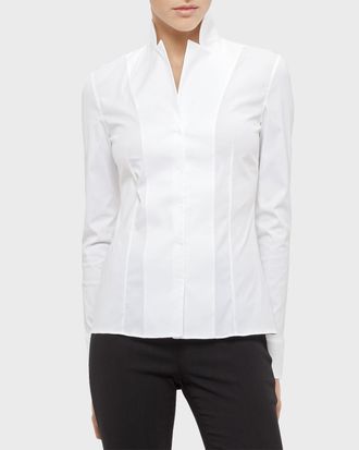 Akris Long-Sleeve Notched-Collar Poplin Blouse