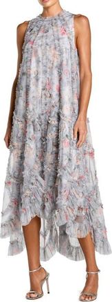Mac Duggal Floral Ruffle High Neck Midi Dress in Pearl Grey at Nordstrom, Size X-Large