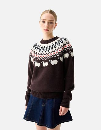 Hunter Womens Hunter Ashie Crew Fair Isle Knit Polyester Womens Chocolate Crew Neck Jumpers - Brown - Size: 10/8
