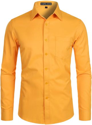 PARKLEES Mens Long Sleeve Dress Shirt Solid Slim Fit Casual Business Formal Button Up Shirts with Pocket Gold Yellow 2XL