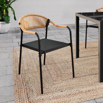 IDMarket Lote De 4 Sillas De Jard&iacute;n Madeira: Metal, Cuerda Y Textilene Negro Y Rat&aacute;n Claro