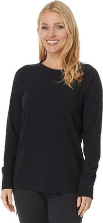 L.L.Bean Unshrinkable Mini-Waffle T-Shirts Long-Sleeve Crew Neck Womens Clothing Midnight Black : MD, Cotton