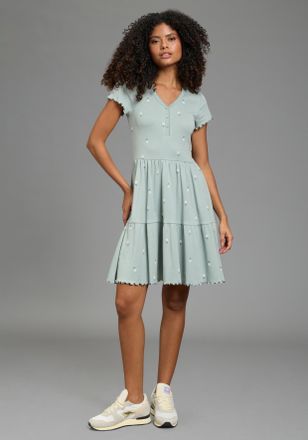 Kangaroos Jerseykleid KANGAROOS, Damen, Gr. 32/34, N-Gr, blaugrau, Rippware, Obermaterial: 100% Baumwolle, figurbetont kniefrei, V-Ausschnitt, Rollkante, Kleide