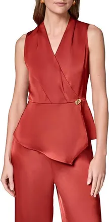 DKNY Sleeveless Faux Wrap Satin Top in Sunbaked at Nordstrom, Size X-Small