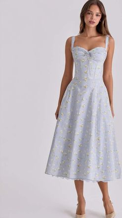 House of CB Rosalee - Vestito midi blu con stampa di fiori di campo