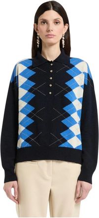 Marella Polo-kraag Gebreid Argyle - Dames - Ronde hals truien - Blauw - S - Wol - Truien & Vesten