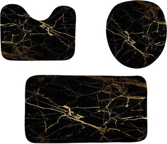 OEM Bathroom Rug Set - Bath Mat And Toilet Lid Cover - Black Gold Design - 3 Pieces
