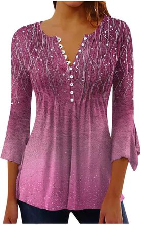 Generic Casual T Shirts Long Sleeve Tops Womens Blouse Fit 3/4 Length Sleeve Womens Tops Casual Button Up V Neck Tunic Shirts Floral Print Ruched Flowy Spring