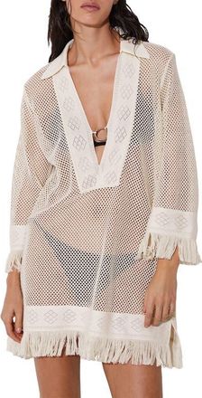 Reiss Fabrienne Fringe Long Sleeve Sheer Cover-Up Tunic in Ivory at Nordstrom, Size X-Small